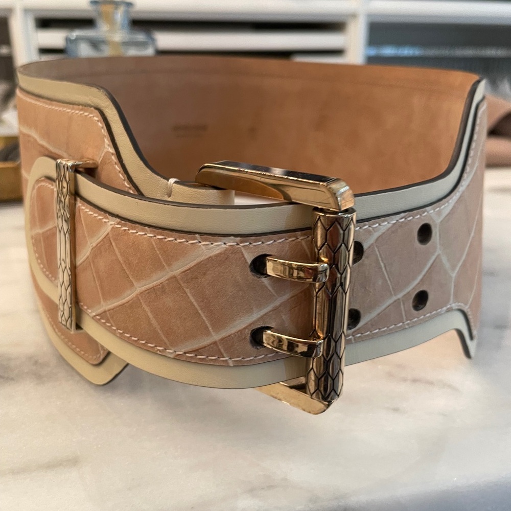 Two tone wide belt with sterling silver buckle.